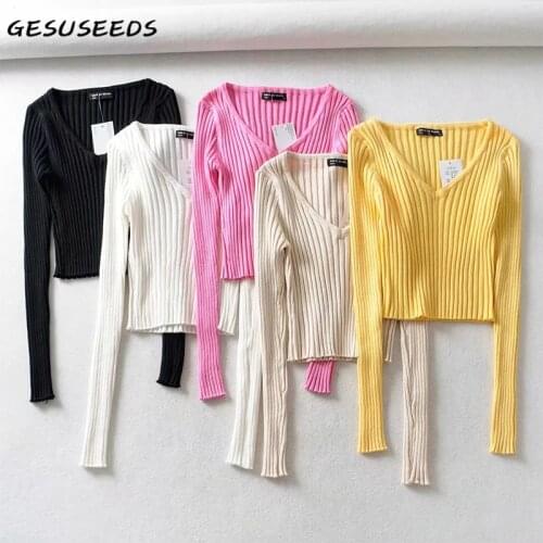 Fall 2020 women pullover knitted long sleeve sweater sexy slim sweater v neck ribbed top korean white black cropped sweater pink