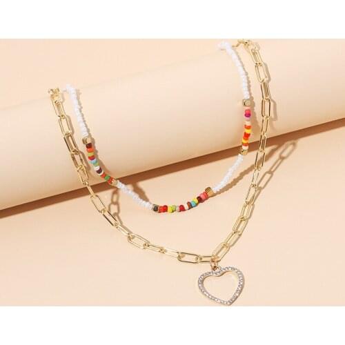 Bohemian Handmade Rainbow Beads Beaded Choker Necklace Simple Crystal Heart Pendant Necklace for Women Fashion Party Jewelry New