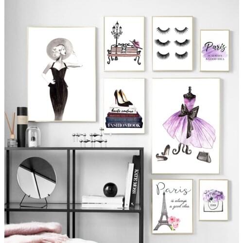 Paris Girl Skirt Eyelash High Heels Flower Wall Art Self-adhesive Wallpaper Nordic Poster Wall Picture For Living Room Decor