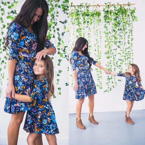 FOCUSNORM Family Matching Mother Girls Summer Dress Outfit Floral Printed Knee Length A-Line Dress