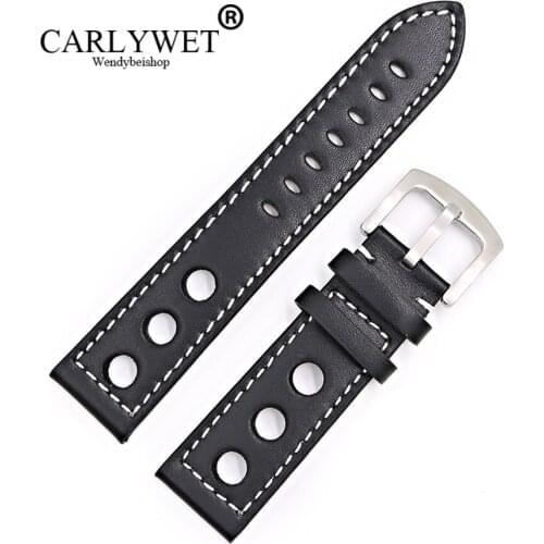 CARLYWET 22mm Newest Hot Sell Popular Real Calf Leather Handmade Black with White Stitches Wrist Watch Band Strap Belt Clasp