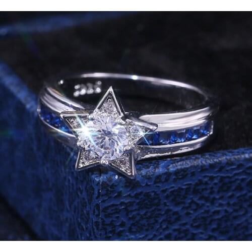 HUITAN Luxury Shiny Star Ring Dazzling Brilliant Cubic Zircon Crystal Blue&White Stone Wedding Engagement Romantic Jewelry Ring