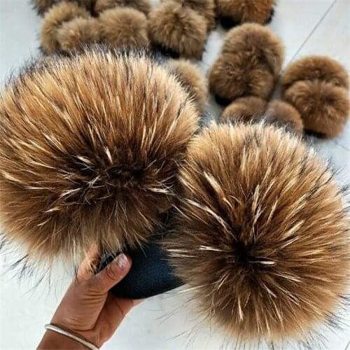 Womens Colorful Fox Fur Slippers Ladies Furry Fur Slides Female Fluffy Sandals Girls Fashion Plush Flip Flops Flat House Shoes
