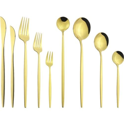 Mirror Gold Dinnerware Stainless Steel Cutlery Set Cake Fork Long Handle Spoon Dessert Knife Tableware Flatware Silverware Set