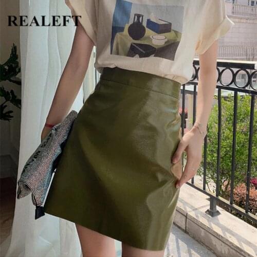 REALEFT Stylish PU Leather Womens Wrap Mini Skirts 2021 New Summer Green A-Line Skirts High Waist Street Female Skater Skirts