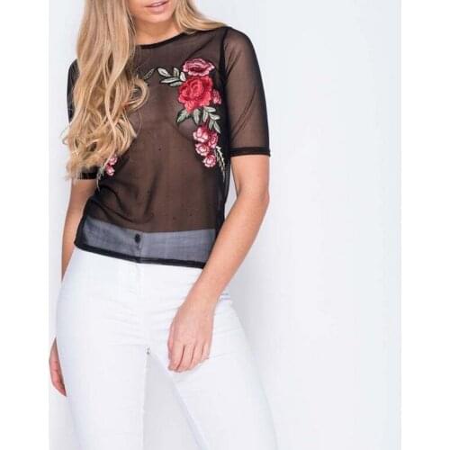 Women Summer Black Embroidered Rose Mesh Top hollow out Sexy Womens Blouses Short Sleeve Sexy Blouse Vintage Blouse