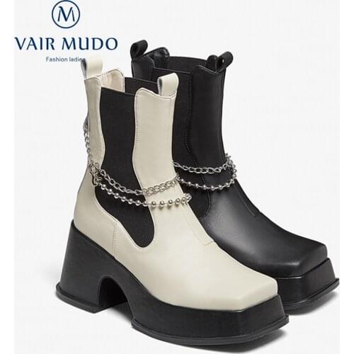 VAIR MUDO Women Boots Shoes Thick Bottom Motorcycle Boots Concise Metal Decoration Round Toe Square Toe Footwear Shoes DX100L