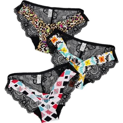 3PCS/Lot Print Lace Panties Women Plus Size Female Underwear low-Rise Seamless Panties Briefs Sexy Transparent Briefs Hot