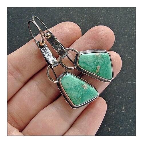 Womens Retro Turquoises Earrings Vintage Hollow Out Hoop Unique Bohemia Tribal Dangle Hoop Earring Gift Party Wedding