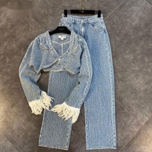PREPOMP 2021 Autumn New Arrivals Long Tassel Sleeve Single Button Denim Short Jacket Full Length Jeans Two Piece Set Women GC357