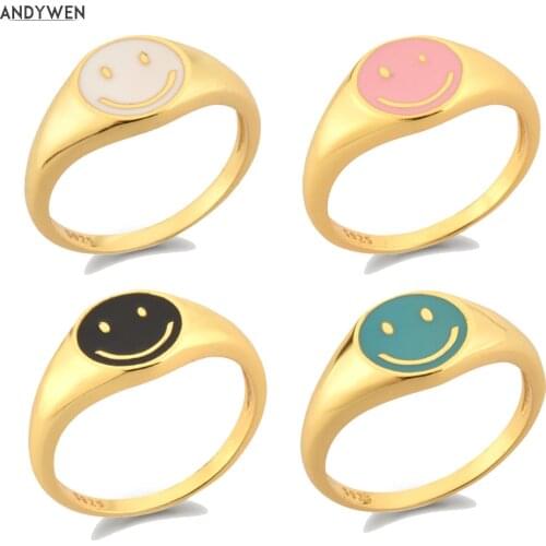 ANDYWEN 925 Sterling Silver Gold Smile Enamel Thick Ring Size Luxury Spring Fine Jewelry White Black Pink Smiley Women Gift