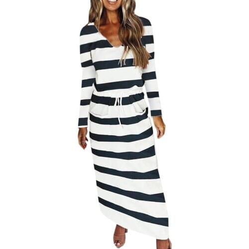 Womens Dresses 2021 Sexy V-Neck Loose Striped Print Long Sleeve Fashion Pocket Lady Autumn Casual Long Dress Vestidos Mujer G4