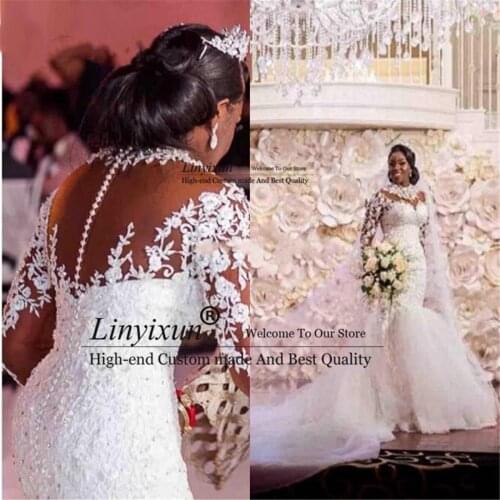 Cystal Beading Long Sleeves Vintage Lace Mermaid Wedding Dresses 2021 High Neck Appliques White Wedding Gowns vestidos de novia