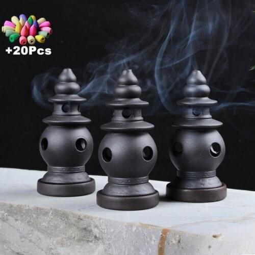 1Pcs Free Gift 20Pcs Incense Hand Made Chinese Classical Tower Purple Clay Multifunction Backflow Incense Burner Smell Removing