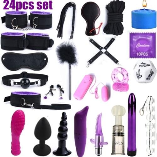 24PCS set Sex Toys For Women G Spot Dildo Vibratorn Butt Anal Plug Penis Cover Slave Games Handcuffs for Sex Whip Bdsm Bondage