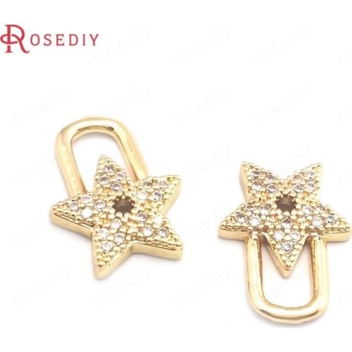 39991)10PCS 11x15MM 24K Champagne Gold Color Brass and Zircon Star Lock Charms Pendants Jewelry Making Supplies Diy Findings