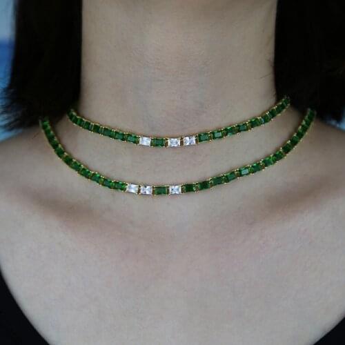2021 Hip Hop Luxury Beautiful Emeralds And White Cz Wholesale Tennis Chain Choker Necklace Jewelry For Women Lady Gift