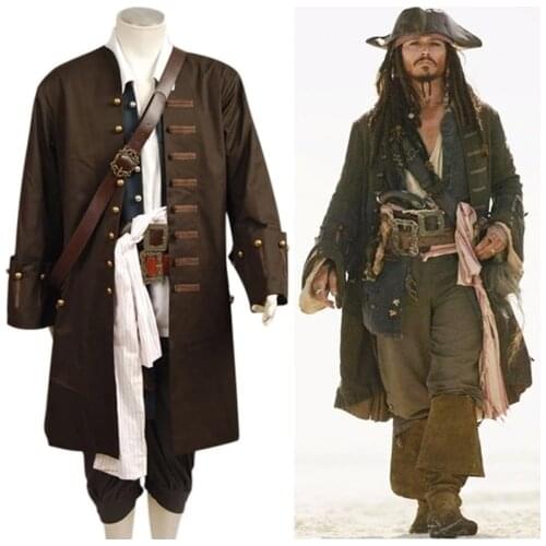 Halloween Pirate cosplay costume Pirates Of The Caribbean Jack Sparrow Jacket Vest Belt Shirt Pants Costumes Dropshipping