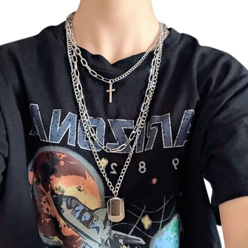 Multilayers Punk Silver Chains Cross Necklace Couple Fashion Street Hip Hop Geometric Metal Pendant Necklaces For Women