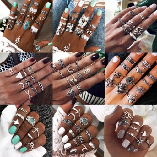 Tocona Vintage Butterfly Moon Joint Ring Sets for Women Men Boho Lotus Shell Heart Wing Geoemtric Rhinstone Jewelry Anillo