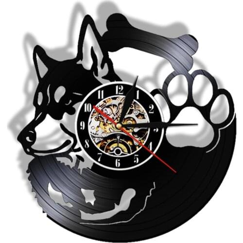 Siberian Husky Vinyl Record Wall Clock Non Ticking Pet Shop Vintage Art Decor Hanging Watch Dog Breed Husky Dog Owner Gift Idea