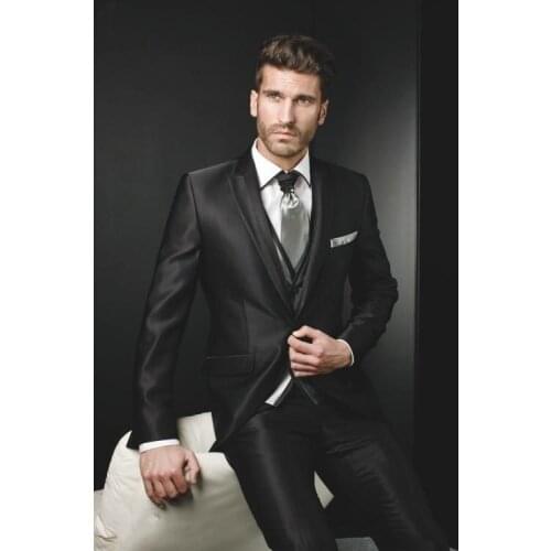 New Arrival Groom Tuxedo Shiny Black Groomsmen Peak Lapel Wedding/Dinner Suits Best Man Bridegroom (Jacket+Pants+Tie+Vest) B545
