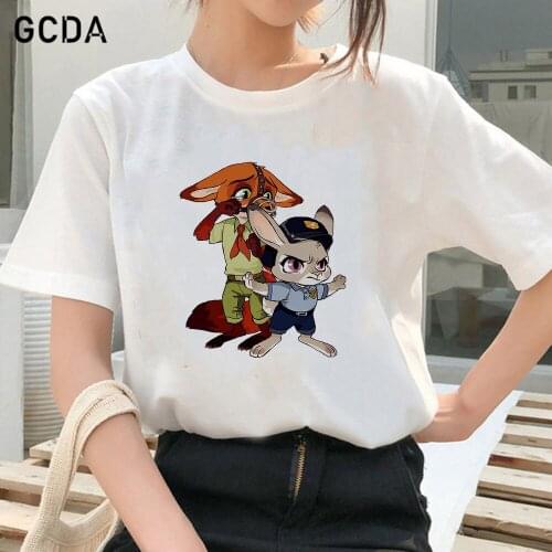 Summer New Women T-Shirts Casual White Tops Fashion Harajuku Zootopia Fox Nick Rabbit Judy Graphic Streetwear T Shirt
