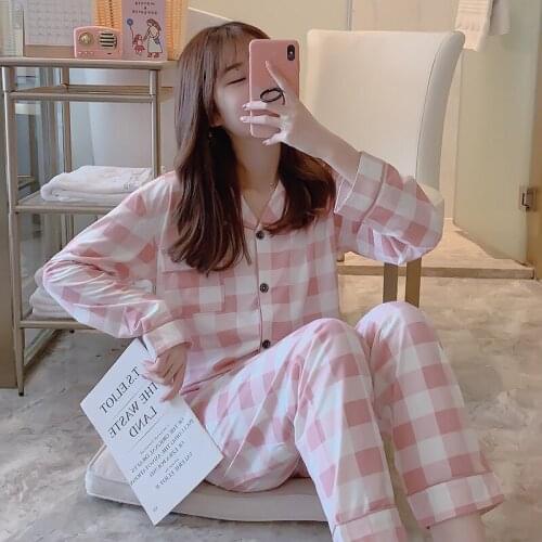 Omewear Female Plaid Pyjamas Womens Princess Elegant Soft Long Sleeve Button Top+Pants Pijama 2020 new