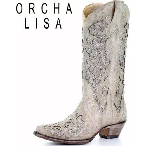 ORCHA LISA 2021 Fashion Knee High Mid Calf Boots Shiny Pointed Toe Crystal Design Soft Party Strange Round Heel US12 White A4368