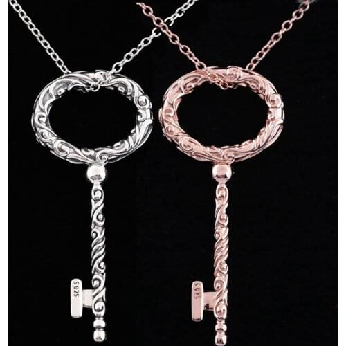 Original Silver & Rose Regal Key With Adjust Sliding Necklace For 925 Sterling Silver Bead Charm Bracelet Europe Diy Jewelry