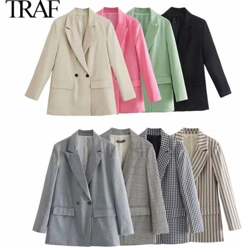TRAF Womens Clothing Fashion Double Breasted Loose Fitting Blazer Coat Vintage Long Sleeve Pockets Female Outerwear Chic Tops