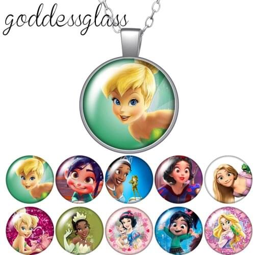 Princesses Tinkerbell Tiana snow white Vanellope Girls Gift Glass glass cabochon silver plated/Crystal pendant necklace jewelry