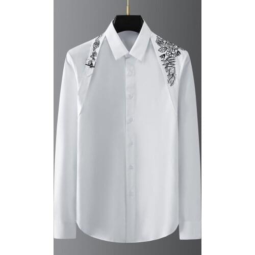Ribbon Embroidery Shirt Men Long Sleeve High Quality Formal Dress Shirts Streetwear Chemise Homme Show Social Party Casual Tops