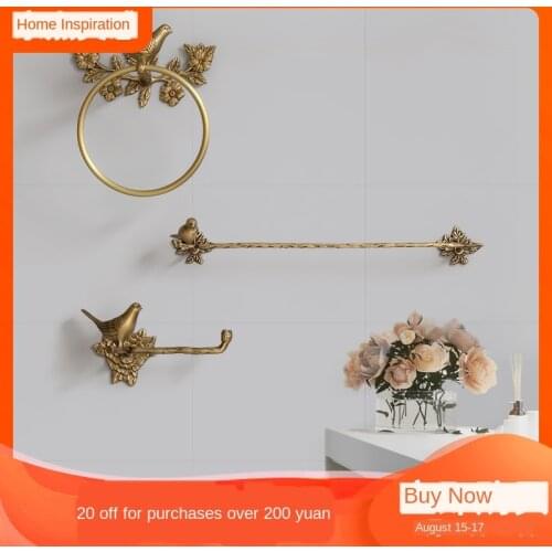 Light luxury all-copper ornaments retro brass bird towel ring with clear texture bathroom bathroom punching-free towel rack load