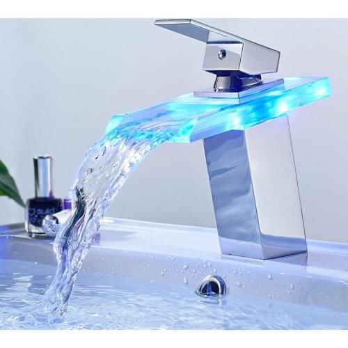 LED Basin Faucet Brass Waterfall Temperature Colors Change Bathroom Mixer Tap Deck Mounted Wash Sink Glass Taps
