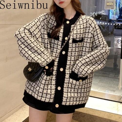 Loose Cozy Knitting Cardigan 2019 Autumn Winter Button Cardigan Coat Woman Vintage Lattice Sweater Warm Clothes