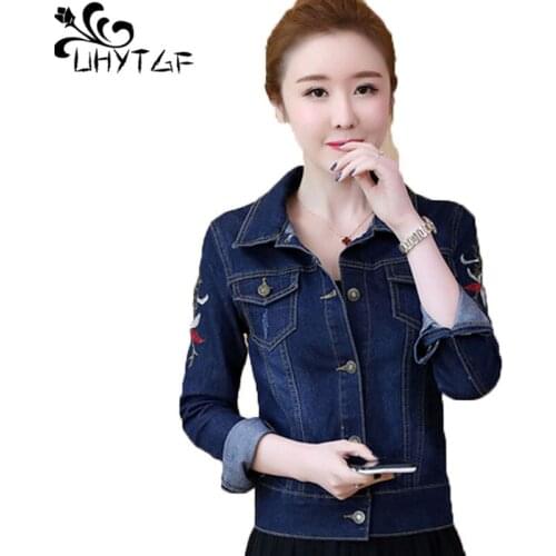 UHYTGF Cute Girl Spring Denim Jacket Fashion Embroidered Slim Short Jeans Coat Single Breasted Casual 5XLPlus Size Outerwear 535