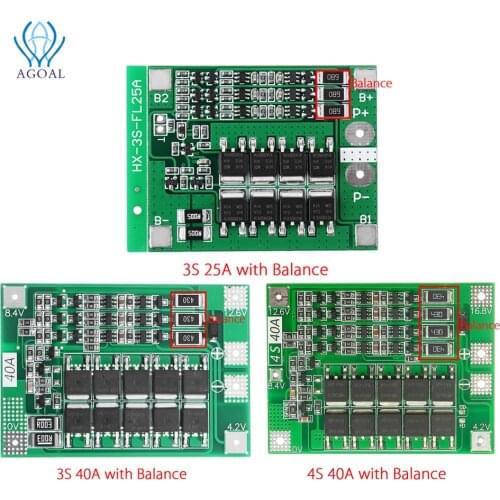 3S 4S 25A 40A 18650 Lithium Battery Protection Board 11.1V 12.6V 14.8V 16.8 High Current With Balanced Over Charge Discharge