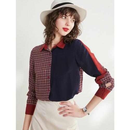 2019 Autumn Natural Silk Spliced Shirt 100% Mulberry Silk Long Sleeve Women Top M L XL Free Shipping