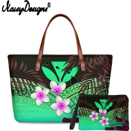 Noisydesigns Women Hawaiian Kanaka With Plumeria Flower Pattern Large Capacity Fashion PU leather Tote Handbag&Wallets Sets 2021