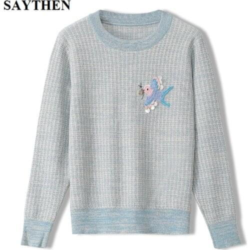 Saythen 2020 autumn and winter new slim Knitted sweater women pullover light blue long-sleeved round neck womens base sweater