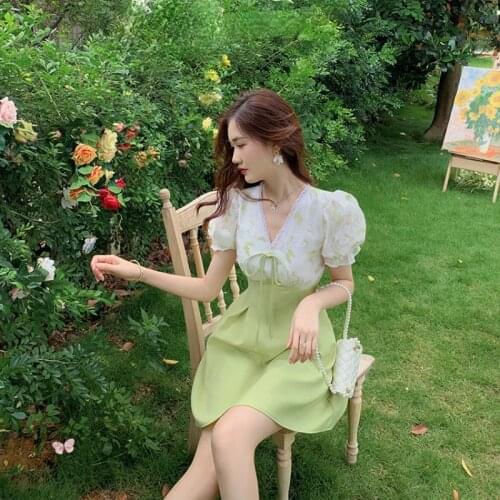 Bella 2021 Summer Casual Kwaii Mini Dress Party Vintage One Piece Dress Korean V-Neck Puffer Sleeve Elegant Floral Dress Female