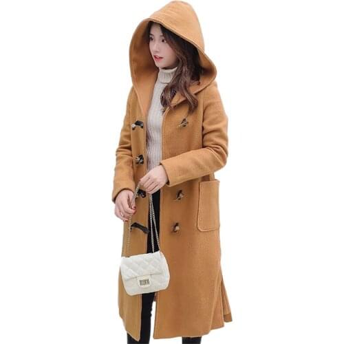 2019 Fashion oversize autumn winter woolen coat women Plus size 5XL horn buckle hooded thicken Wool jacket long outerwear G701