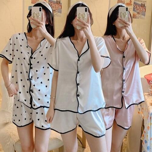 2021 Summer Silk Satin Sexy V-neck Short Sleeve Shorts Pajama Sets for Women Sleepwear Suit Pyjama Homewear Pijama Mujer Clothes