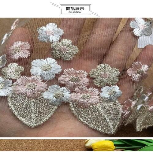 1~2~3Yds 18cm Wide Translucent Gauze Gold~Pink Thread Embroidery Floral Lace High Quality Lace Fabrics Embroidered Lace