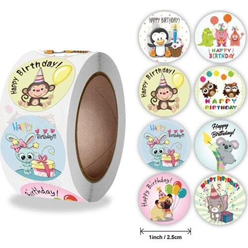 500pcs 1 Inch Happy Birthday Stickers for Children Cartoon Animals Owl Monkey Dog Event Candy Bakery Cake Gift Box Tag Decor