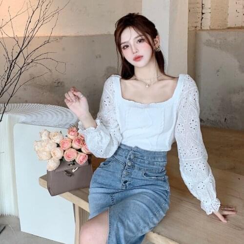 White Hollow Lace Patchwork Sweater Women Autumn Square Neck Pullover Sweater Fashion Slim Cropped Tops Woman