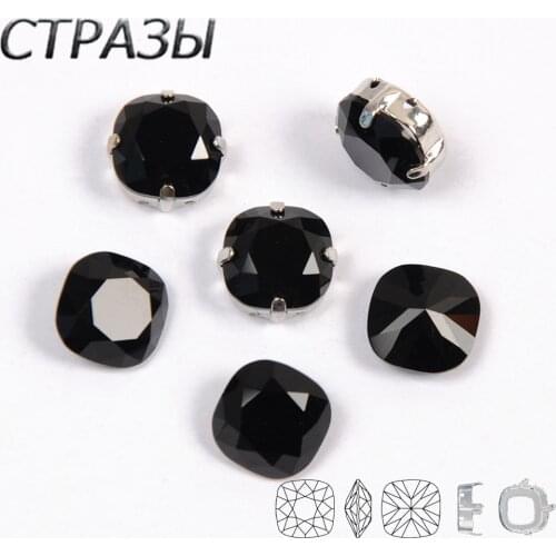 Black Rhinestone 8mm 10mm 12mm Cushion Cut Strass Sew on Rhinestones Silver Gold claw set K9 Stones For Garment DIY Rhinestones
