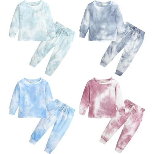 2021 new autumn winter 4-color childrens fashion suit cotton tie-dye printing long-sleeved top + long pant kids sports sets