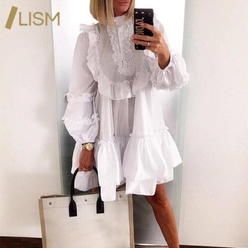 LISM Elegant Ruffle Solid White Chiffon Dresses Women Turtleneck Long Sleeve Autumn Knee Length Dresses Vestido Feminino
